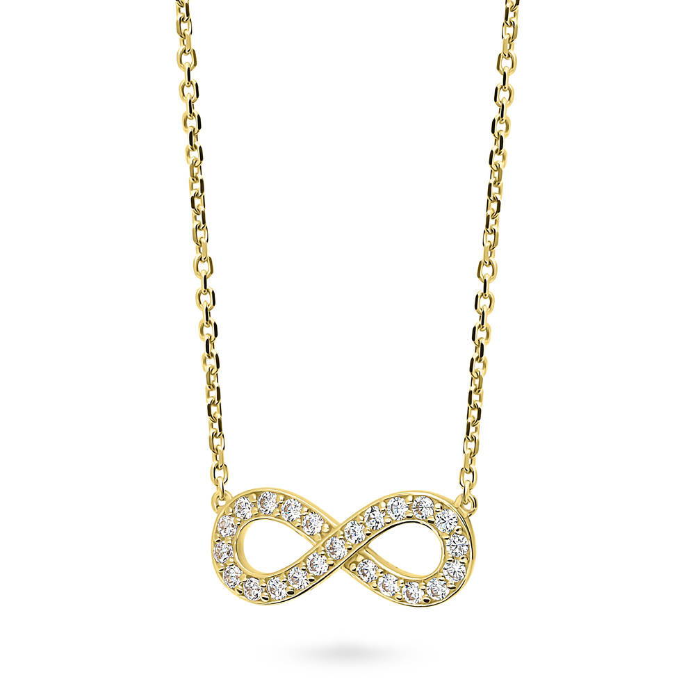 Front view of Infinity CZ Pendant Necklace in Sterling Silver, Yellow Gold Flashed