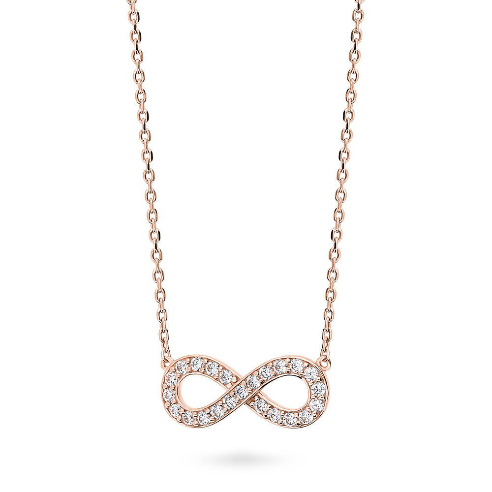 Front view of Infinity CZ Pendant Necklace in Sterling Silver, Rose Gold Flashed