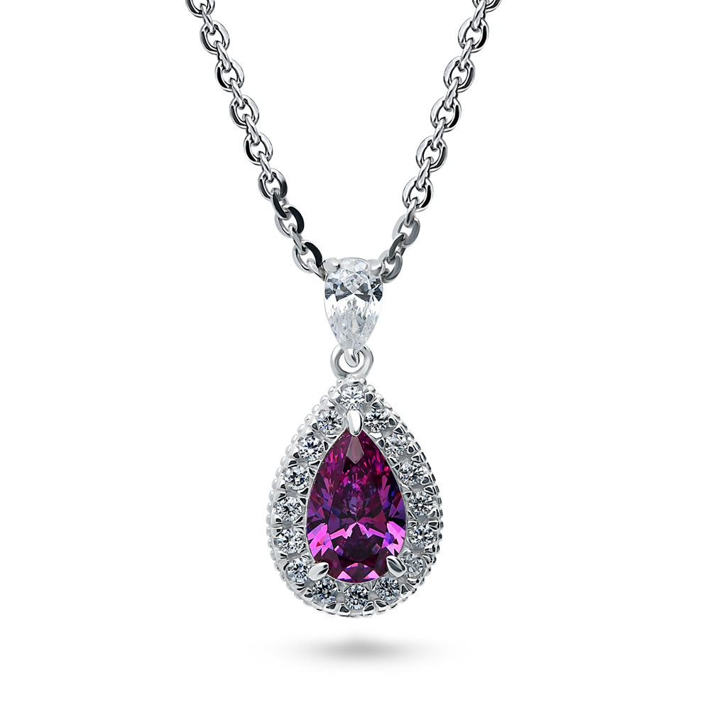 Halo Pear CZ Necklace and Earrings in Sterling Silver, Purple