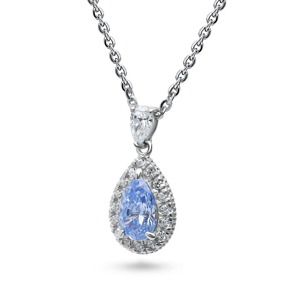 Front view of Halo Pear CZ Necklace and Earrings in Sterling Silver, Blue