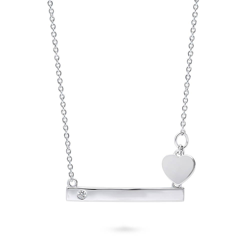 Front view of Bar Heart CZ Necklace in Sterling Silver, Rhodium Plated