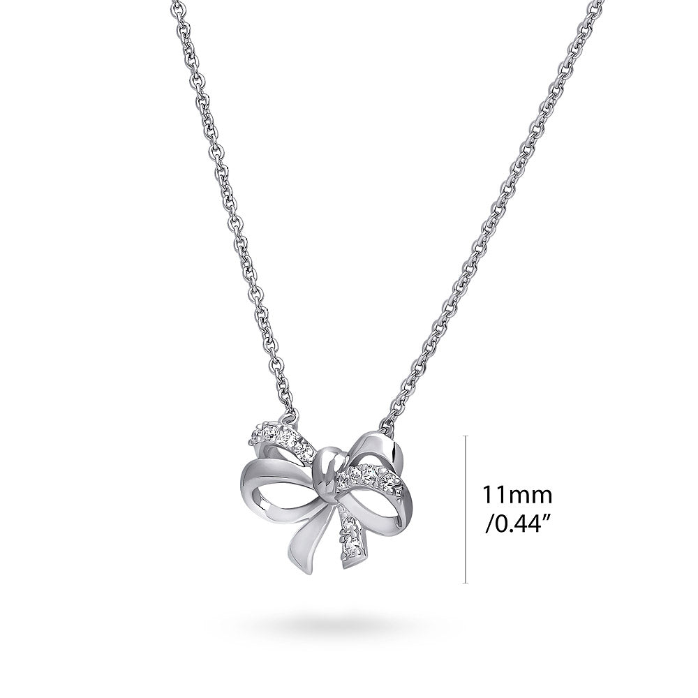 Front view of Bow Tie Ribbon Mini Necklace in Sterling Silver, Style 2