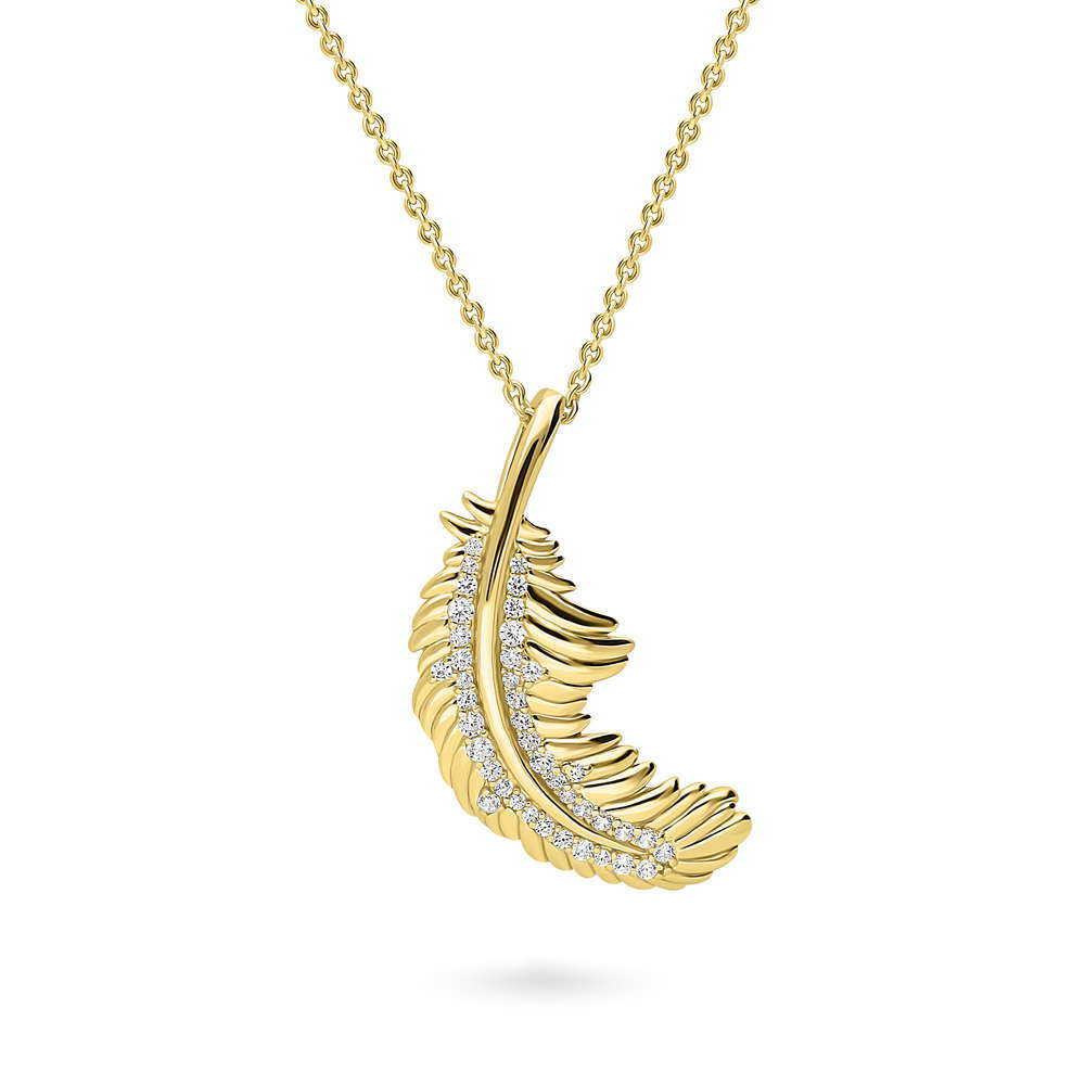 Feather CZ Pendant Necklace in Sterling Silver, Yellow Gold Flashed