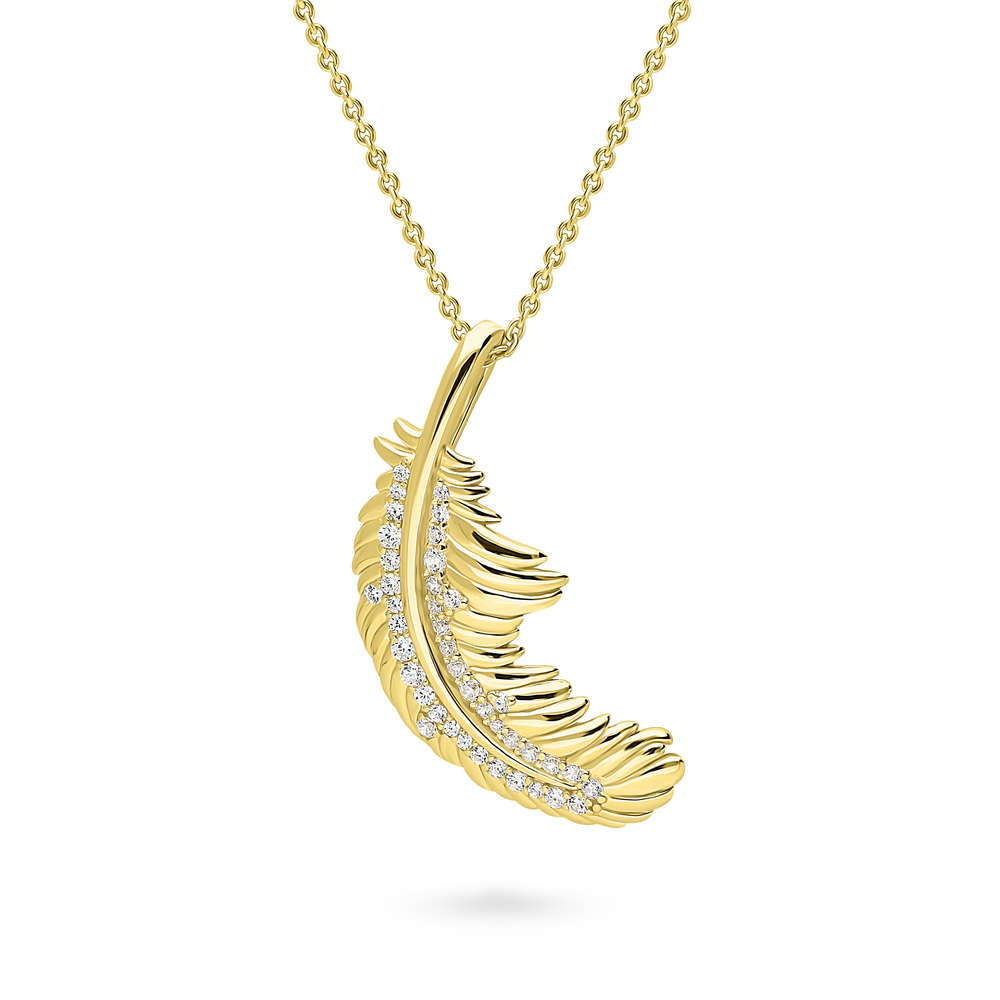 Front view of Feather CZ Pendant Necklace in Sterling Silver, Yellow Gold Flashed