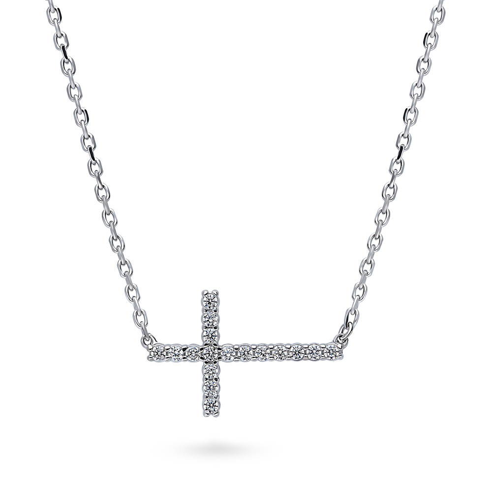 Sideways Cross CZ Necklace in Sterling Silver