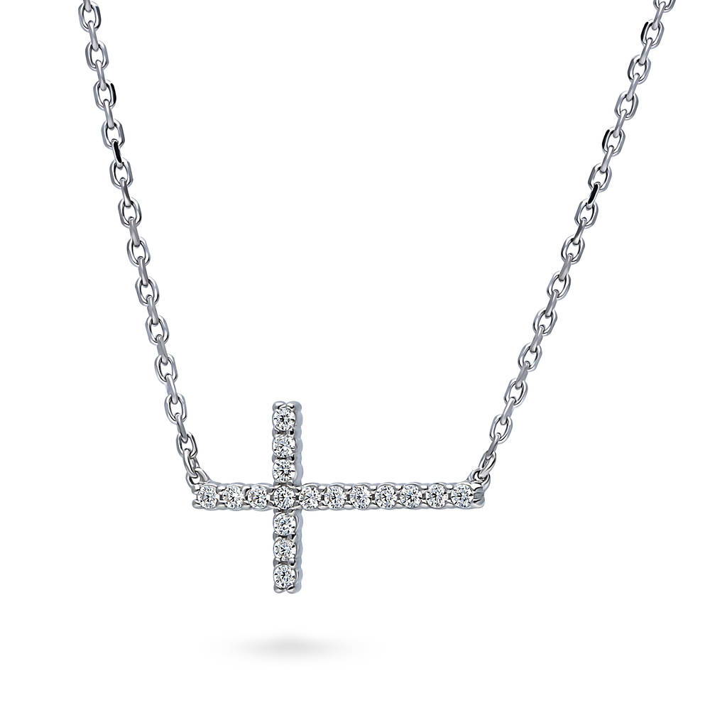 Front view of Sideways Cross CZ Necklace in Sterling Silver, 5 of 10