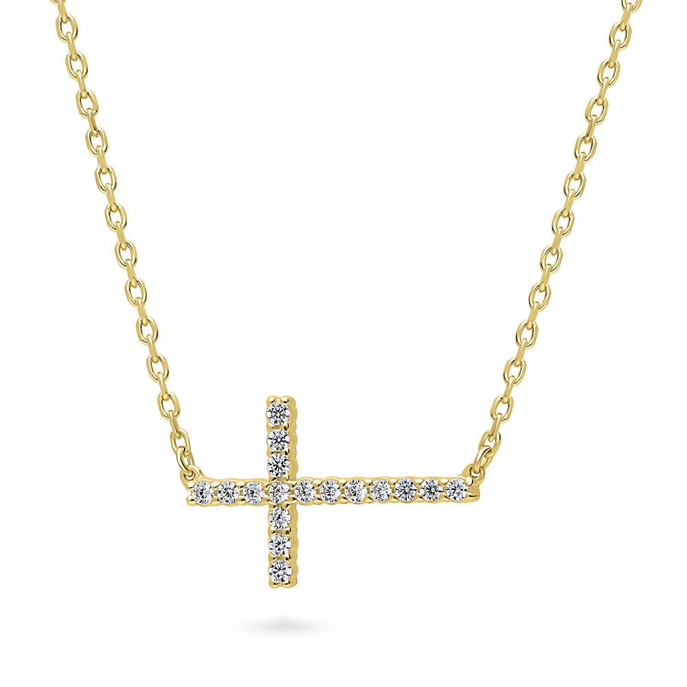 Front view of Sideways Cross CZ Necklace in Sterling Silver, 4 of 10