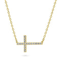 Front view of Sideways Cross CZ Necklace in Sterling Silver, Yellow Gold Flashed