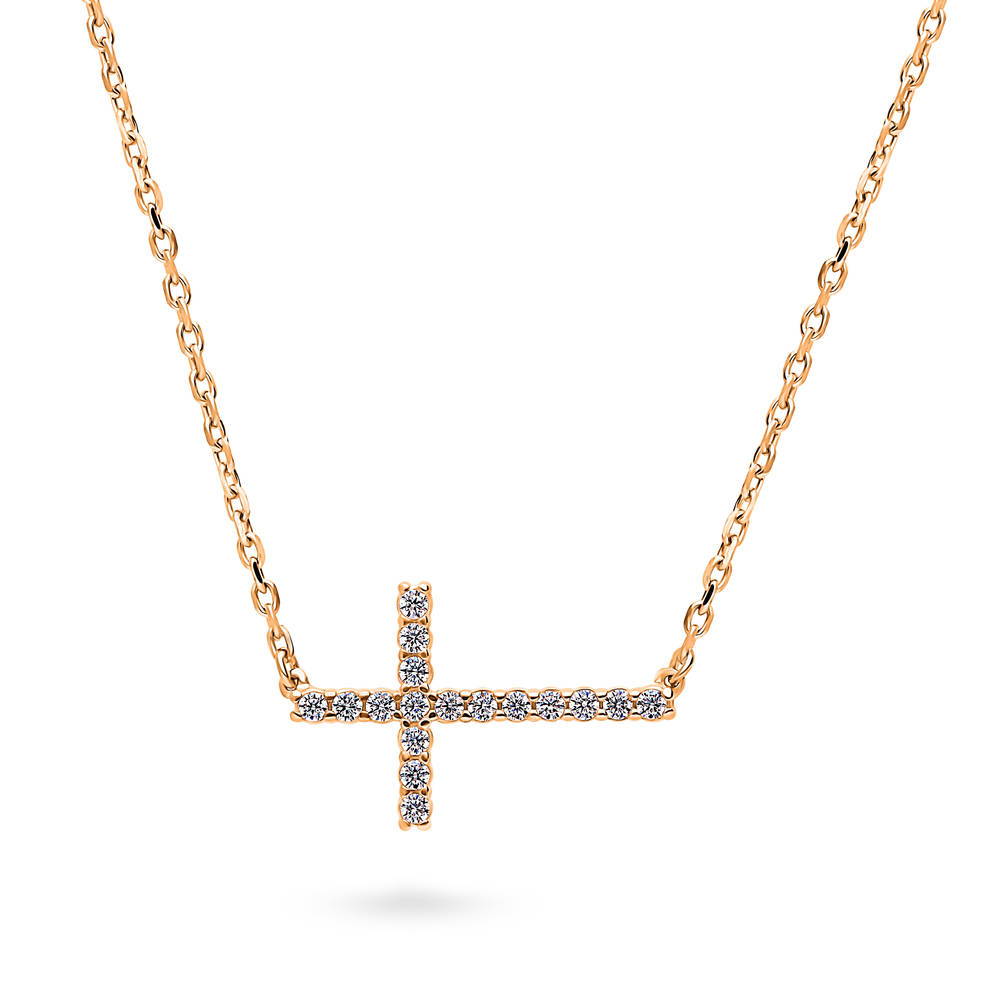 Sideways Cross CZ Necklace in Sterling Silver