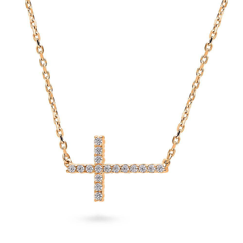 Front view of Sideways Cross CZ Necklace in Sterling Silver, 3 of 10