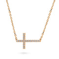 Front view of Sideways Cross CZ Necklace in Sterling Silver, Rose Gold Flashed