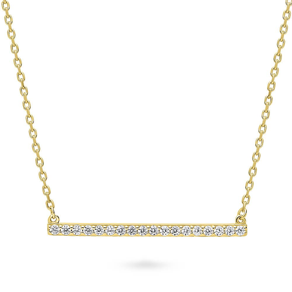 Bar CZ Pendant Necklace in Sterling Silver, Yellow Gold Flashed