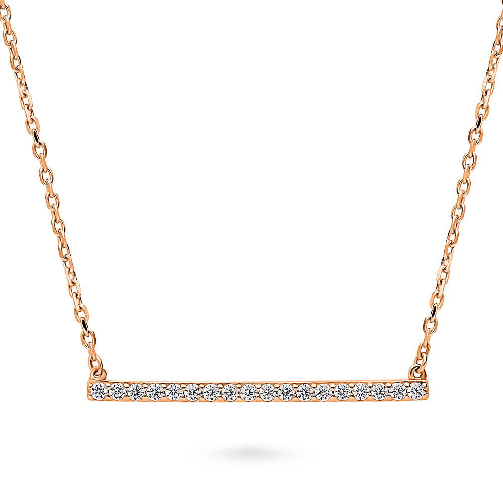 Bar CZ Pendant Necklace in Sterling Silver, Rose Gold Flashed