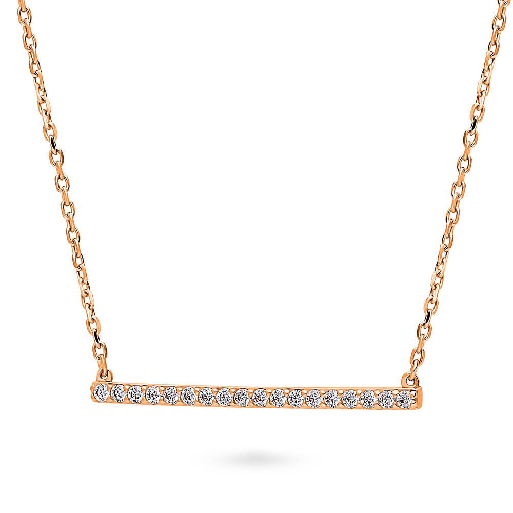 Front view of Bar CZ Pendant Necklace in Sterling Silver, Rose Gold Flashed