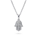 Hamsa Hand CZ Necklace in Sterling Silver, Rhodium Plated