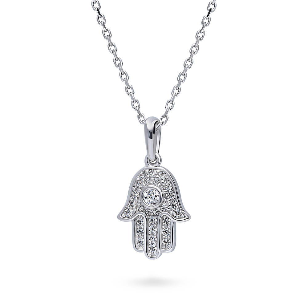 Front view of Hamsa Hand CZ Necklace in Sterling Silver, 5 of 9