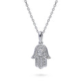 Front view of Hamsa Hand CZ Necklace in Sterling Silver, Rhodium Plated