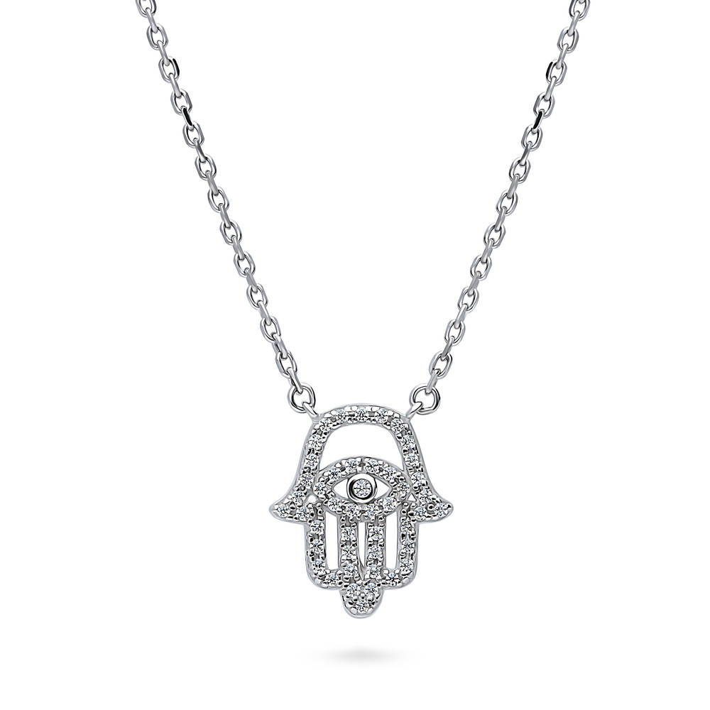 Hamsa Hand Evil Eye CZ Necklace in Sterling Silver