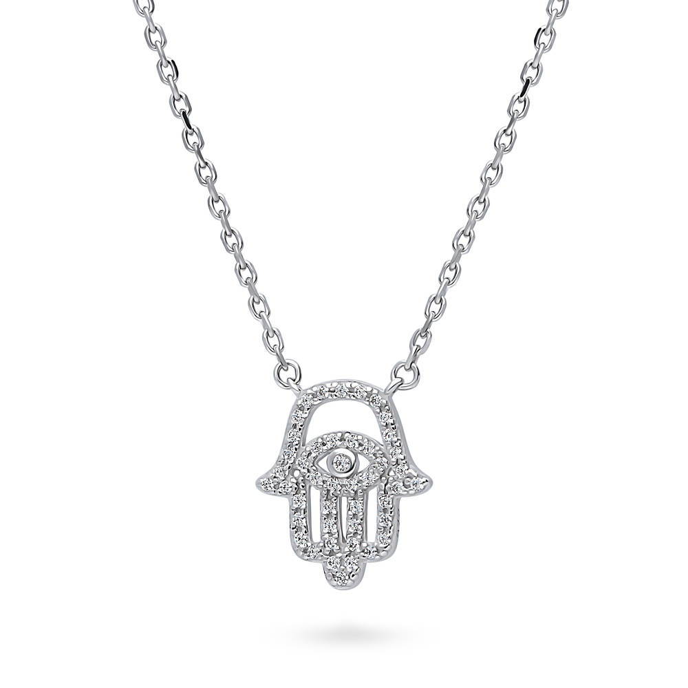 Front view of Hamsa Hand Evil Eye CZ Necklace in Sterling Silver, 5 of 9