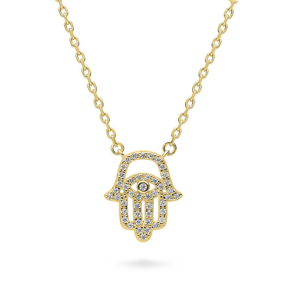 Hamsa Hand Evil Eye CZ Necklace in Sterling Silver