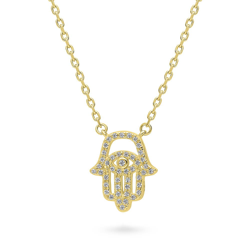 Front view of Hamsa Hand Evil Eye CZ Necklace in Sterling Silver, 4 of 9