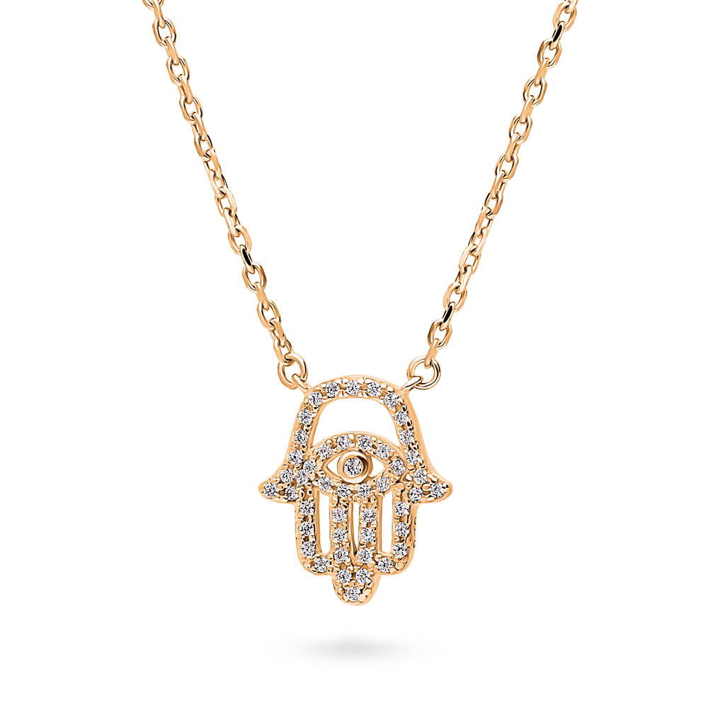 Front view of Hamsa Hand Evil Eye CZ Necklace in Sterling Silver, 3 of 9