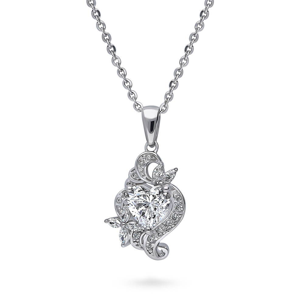 Front view of Heart Flower CZ Necklace and Earrings in Sterling Silver, 8 of 19