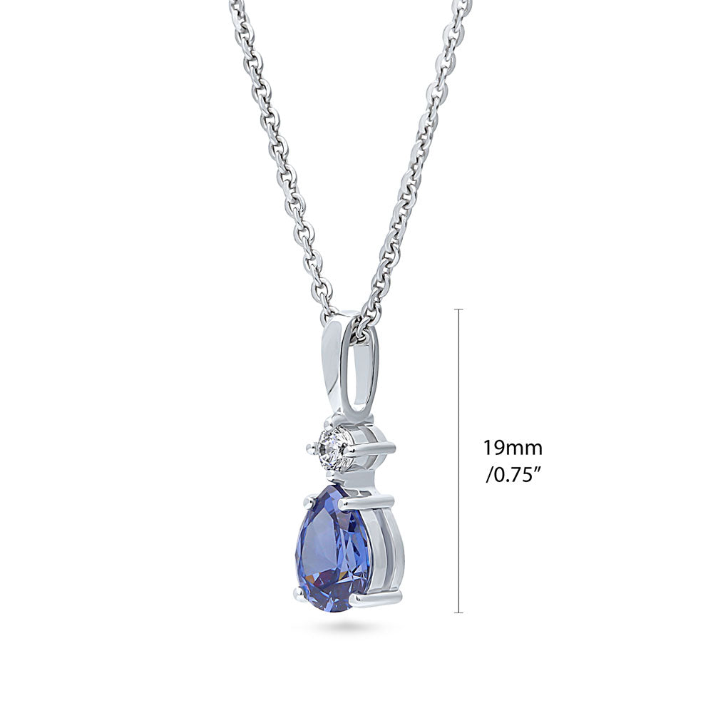 Front view of Solitaire 2-Stone Pear Medium Necklace in Sterling Silver 1ct, Tanzanite Color