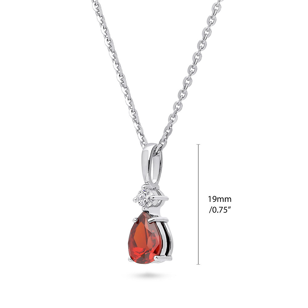 Front view of Solitaire 2-Stone Pear Medium Necklace in Sterling Silver 1ct, Garnet Color