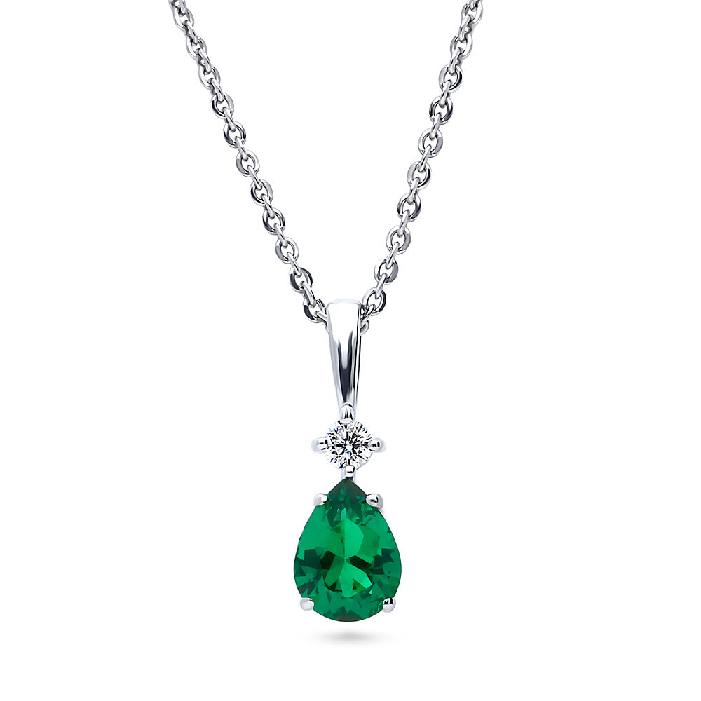 Solitaire 2-Stone Pear Medium Necklace in Sterling Silver 1ct, Green Color