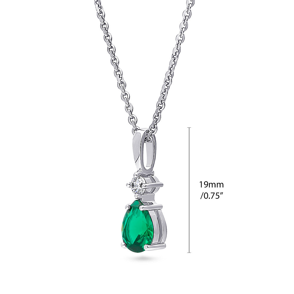 Front view of Solitaire 2-Stone Pear Medium Necklace in Sterling Silver 1ct, Green Color