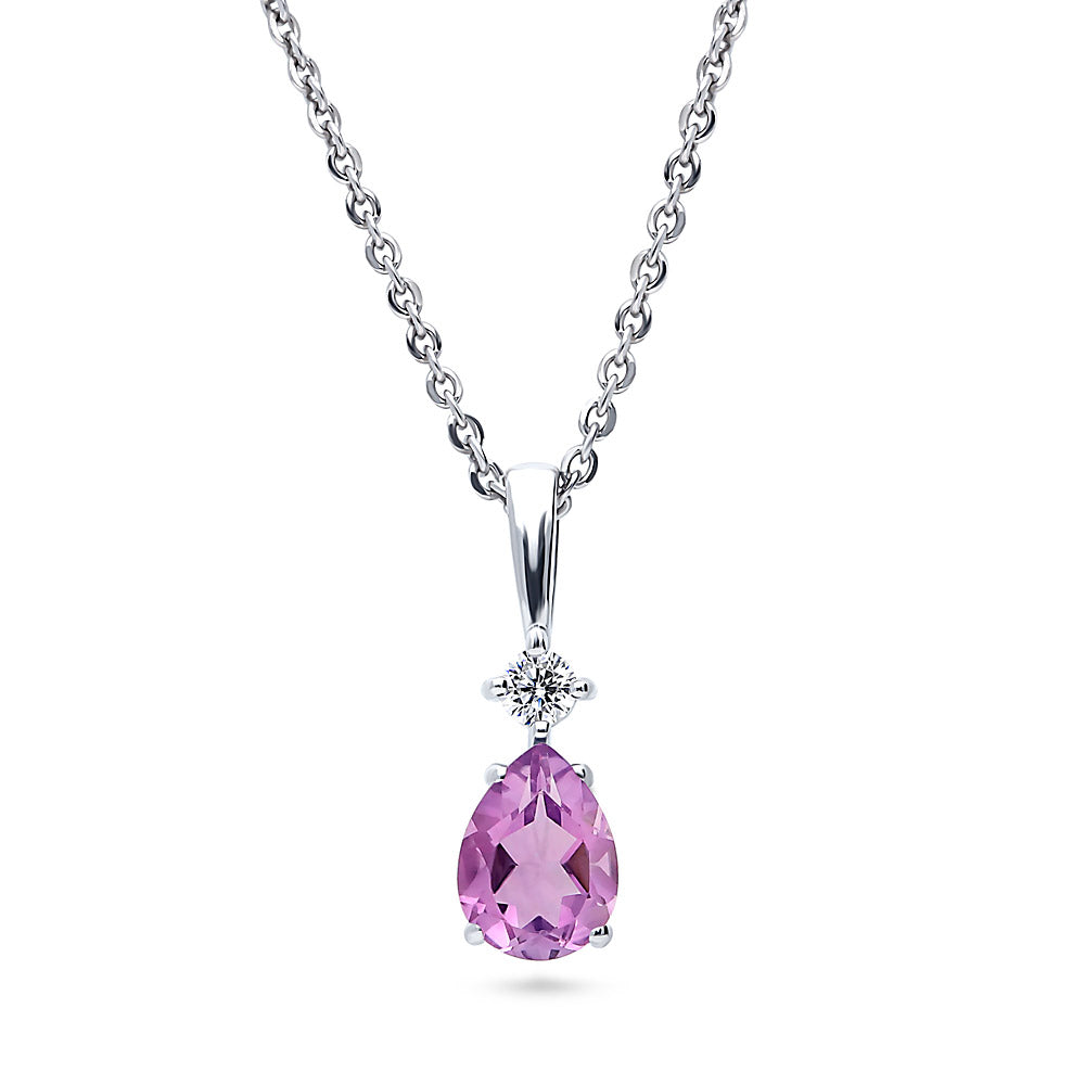 Solitaire 2-Stone Pear Medium Necklace in Sterling Silver 1ct, Purple Color