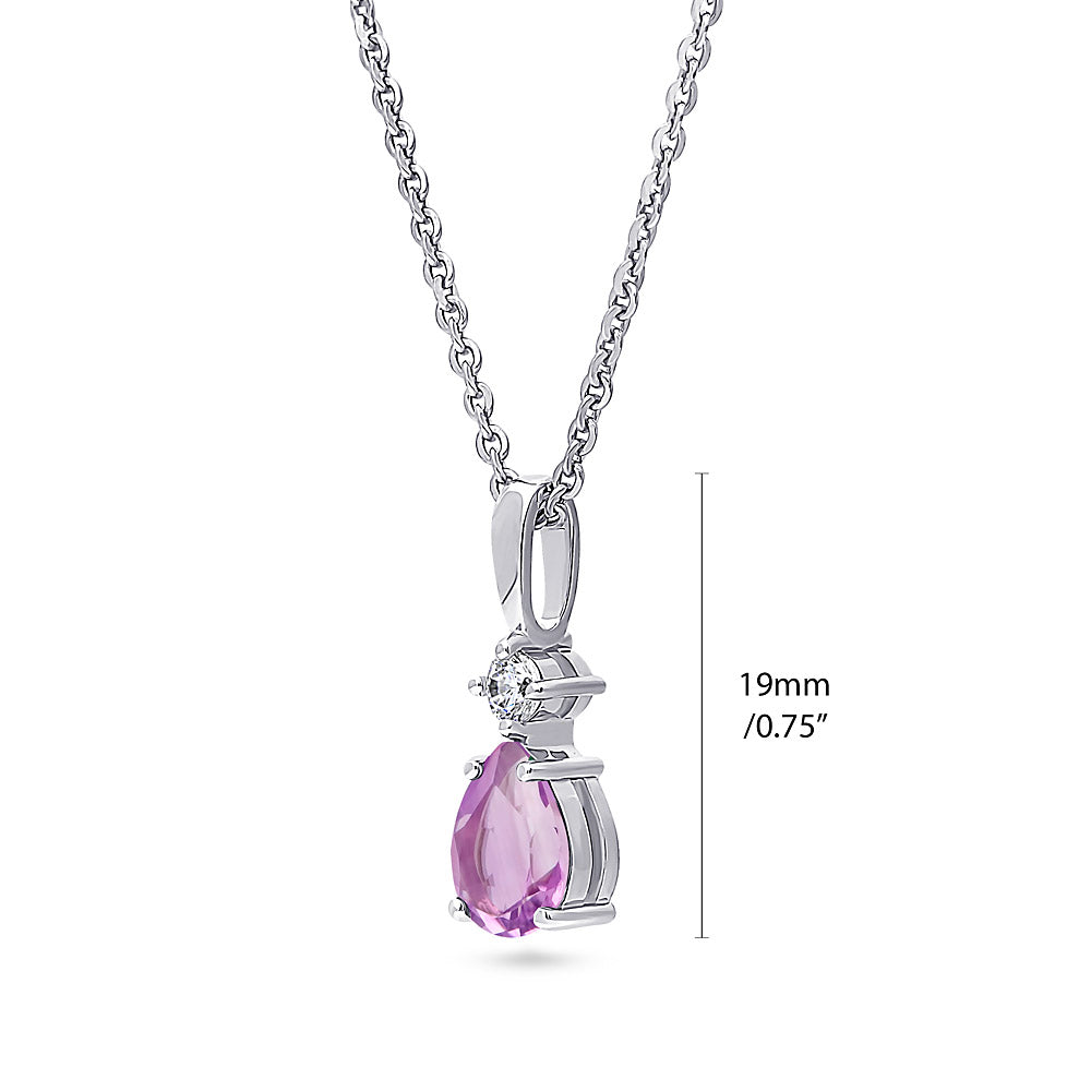 Front view of Solitaire 2-Stone Pear Medium Necklace in Sterling Silver 1ct, Purple Color