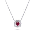 Flower Halo CZ Necklace and Earrings in Sterling Silver, Ruby Color