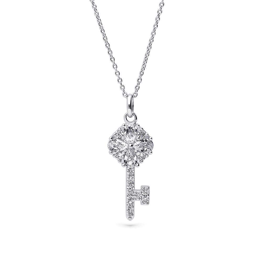 Key CZ Pendant Necklace in Sterling Silver, Clear Color