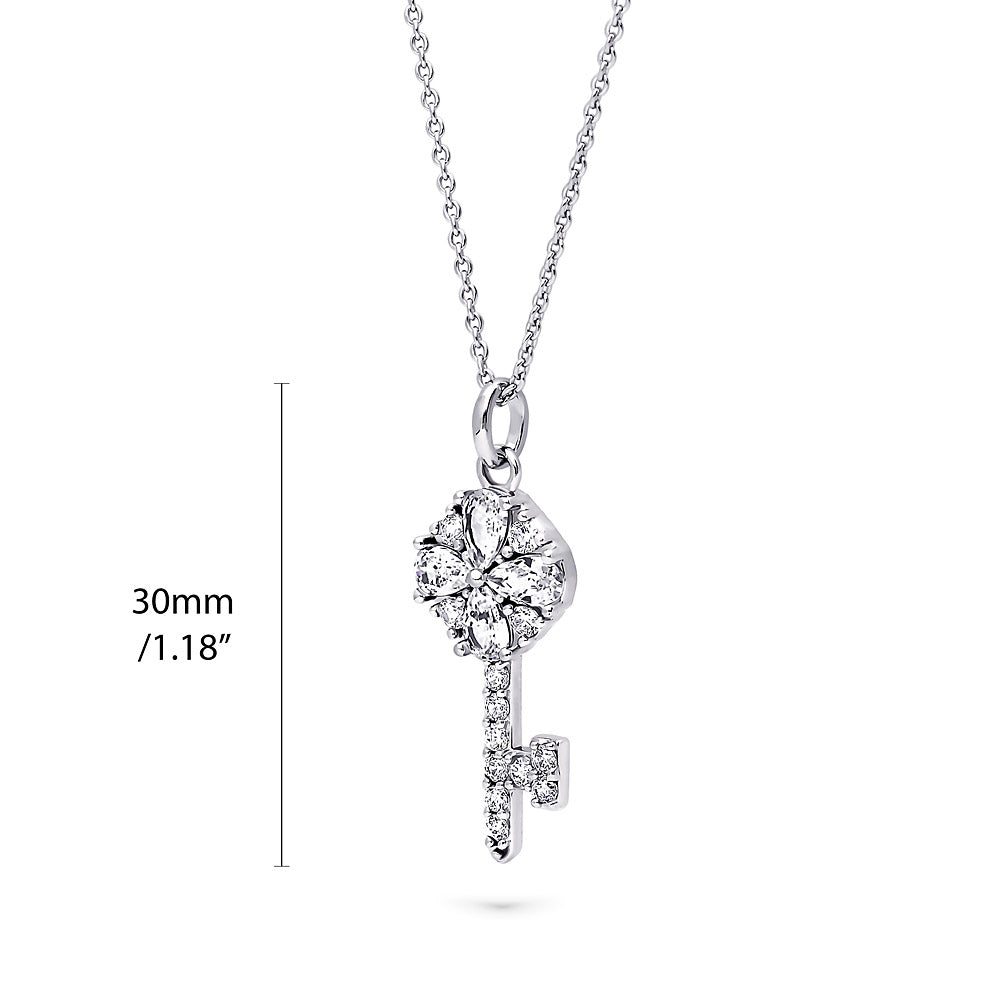 Front view of Key CZ Pendant Necklace in Sterling Silver, Clear Color