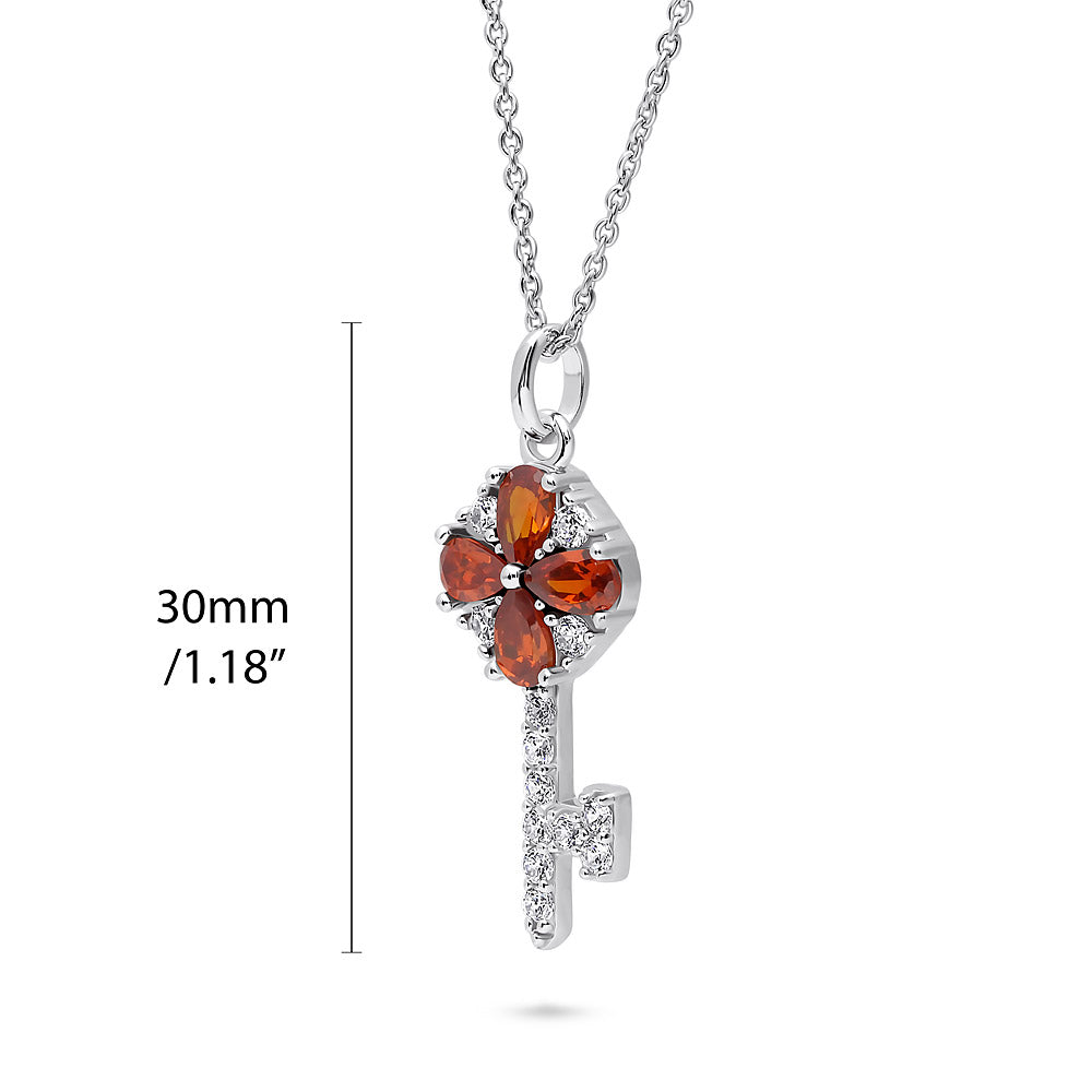 Front view of Key CZ Pendant Necklace in Sterling Silver, Red Color