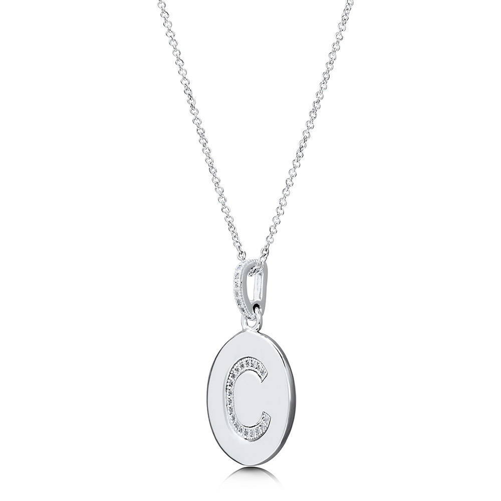 Angle view of Initial Letter CZ Necklace in Sterling Silver, C