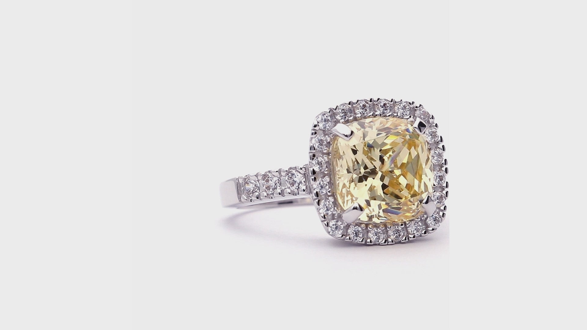 Video Contains Halo Canary Yellow Cushion CZ Ring in Sterling Silver. Style Number R1865-01