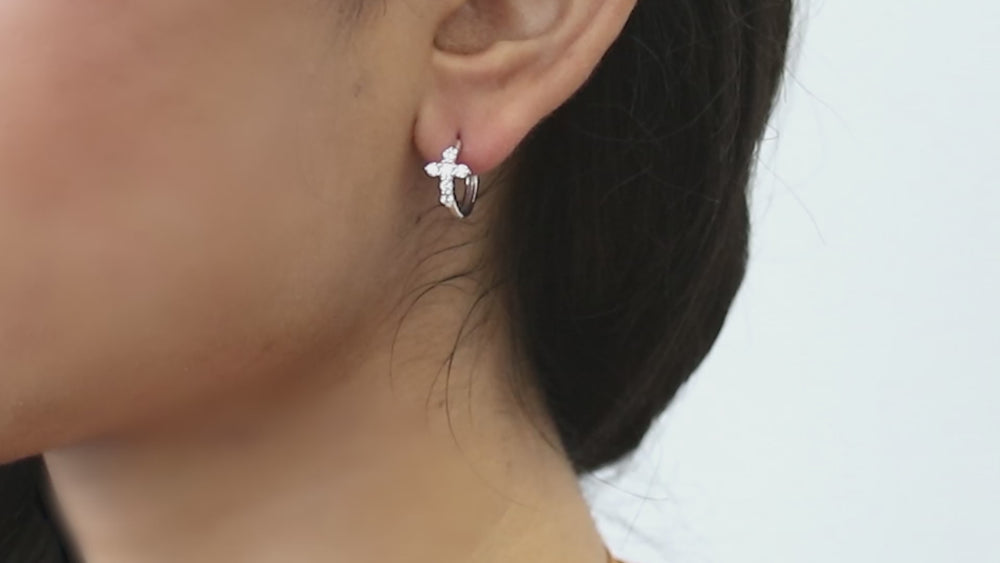 Cross CZ Small Huggie Earrings in Sterling Silver 0.5 inch