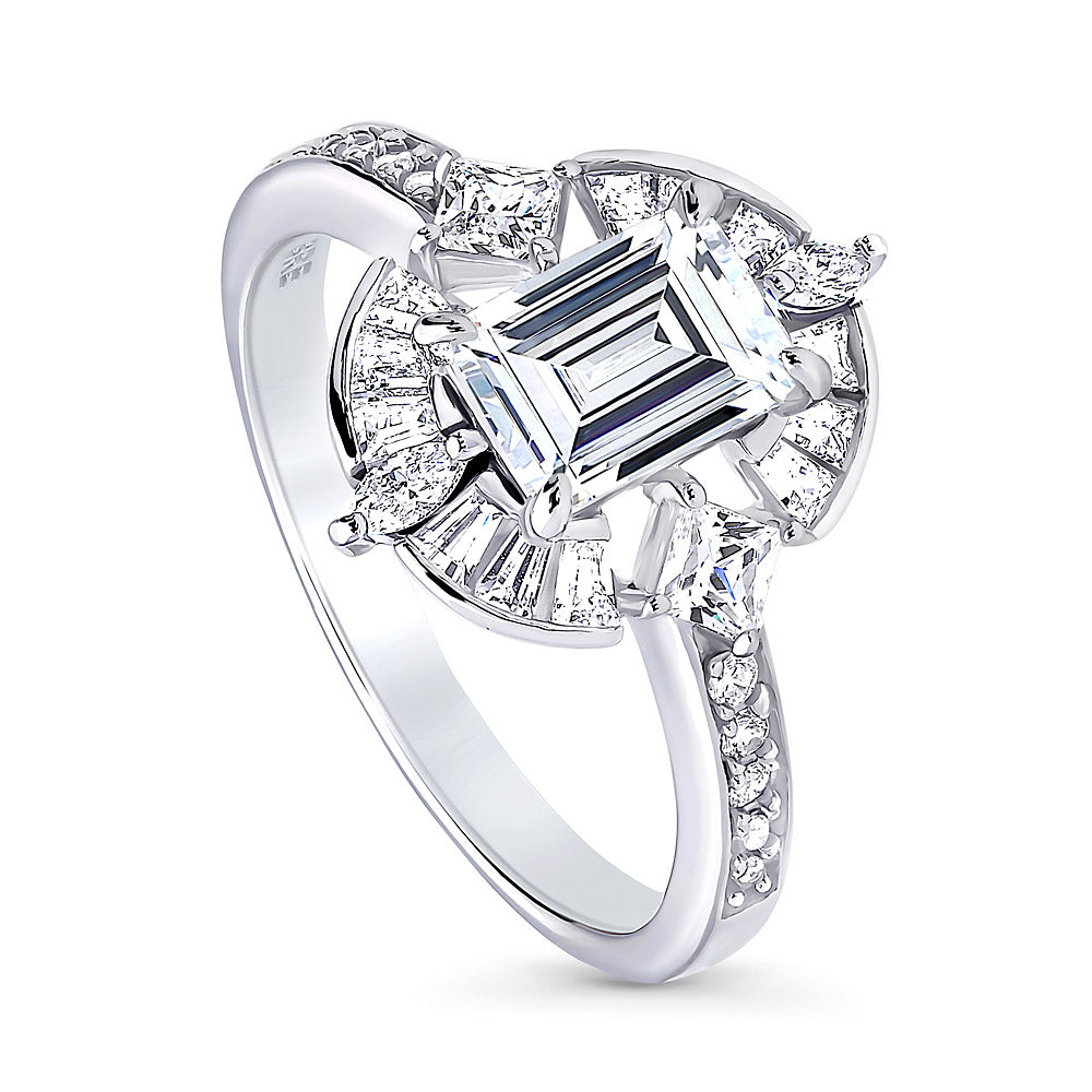 Front view of Halo Art Deco Emerald Cut CZ Ring in Sterling Silver, 2 of 5