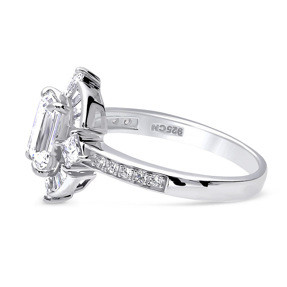 Angle view of Halo Art Deco Emerald Cut CZ Ring in Sterling Silver, 3 of 5