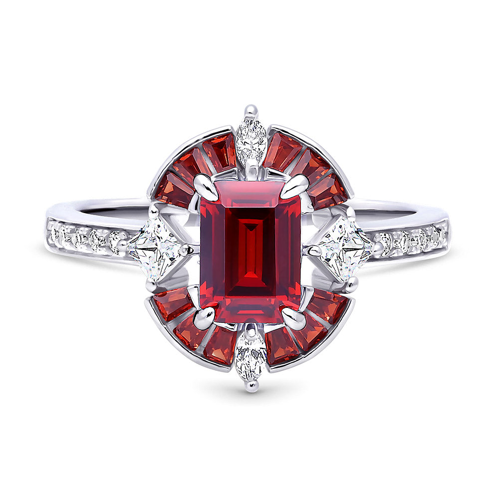 Halo Art Deco Simulated Garnet CZ Ring in Sterling Silver, 1 of 8