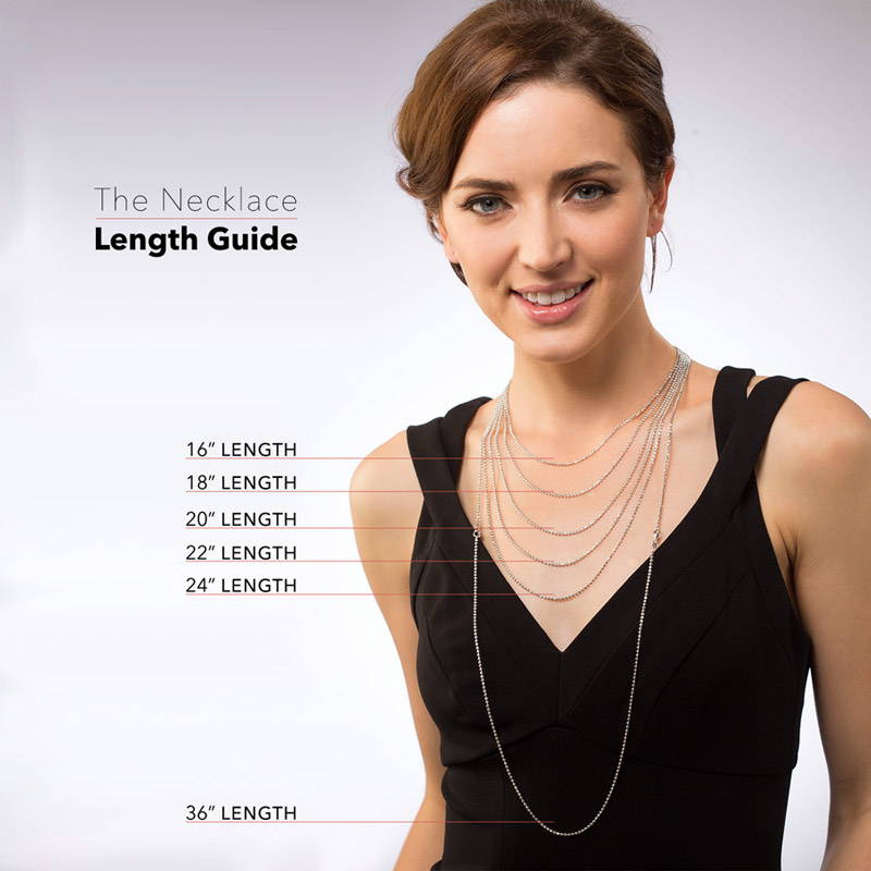 Model wearing multiple necklace chains from 16 to 36 inches for the length guide, 6 of 9