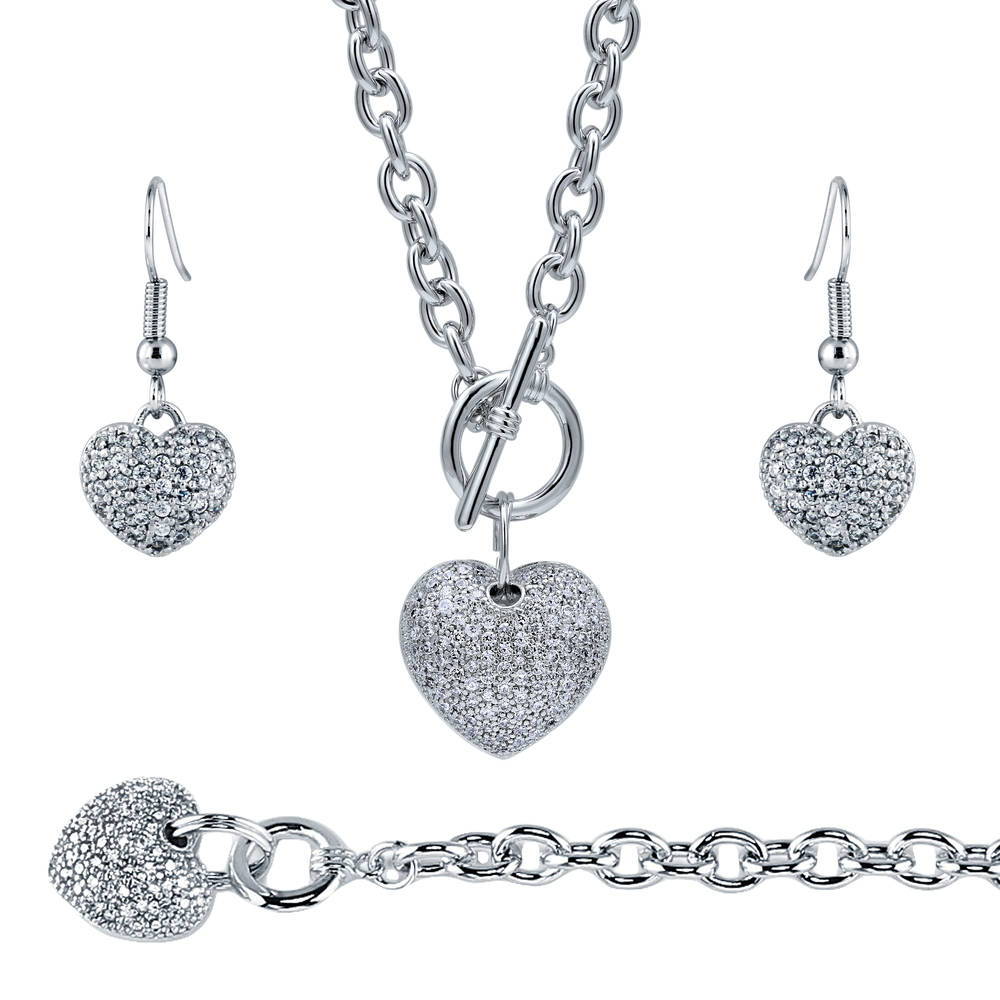 Heart CZ Necklace Earrings and Bracelet in Silver-Tone, 1 of 20