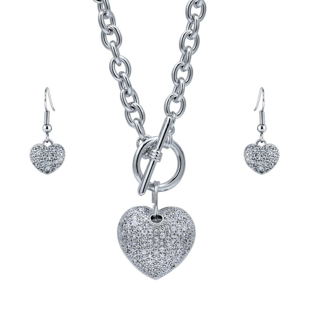 Heart CZ Necklace and Earrings in Silver-Tone, 1 of 13