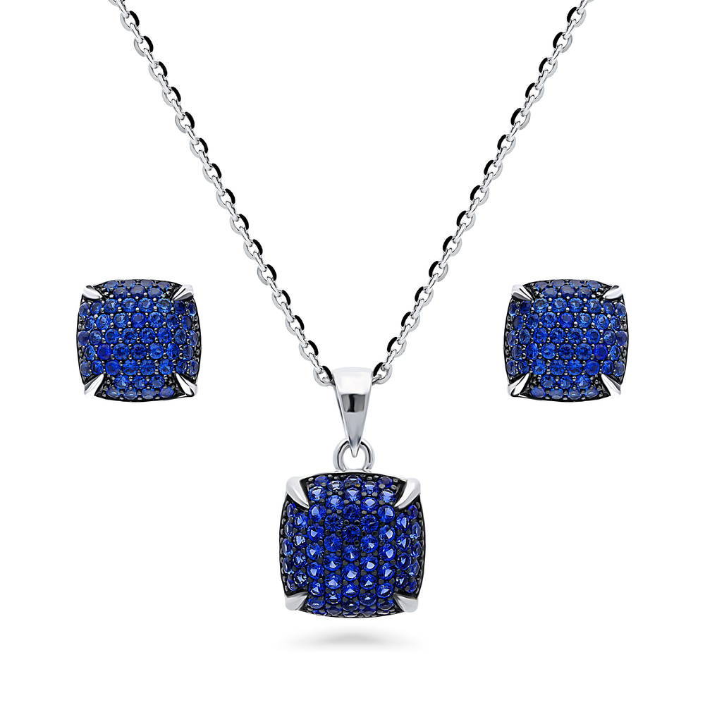 Square CZ Necklace and Earrings in Sterling Silver, Blue Color