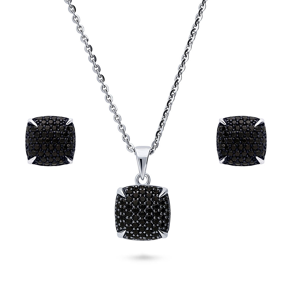 Square CZ Necklace and Earrings in Sterling Silver, Black Color