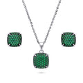 Square CZ Necklace and Earrings in Sterling Silver, Green Color