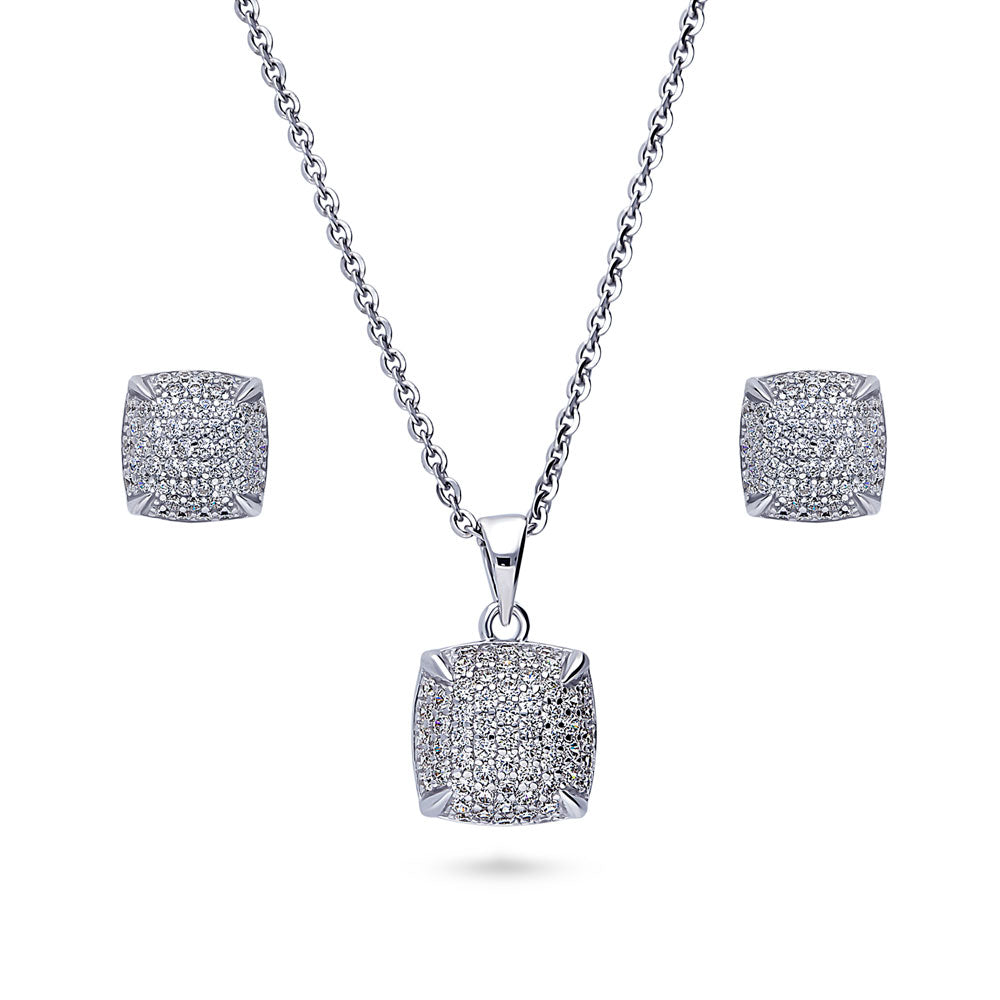 Square CZ Necklace and Earrings in Sterling Silver, Clear Color